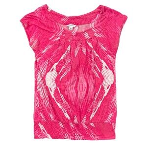 Calvin Klein Pink Long Crop Top XS Abstract Pleats Cap Sleeve Banded Hem Retro